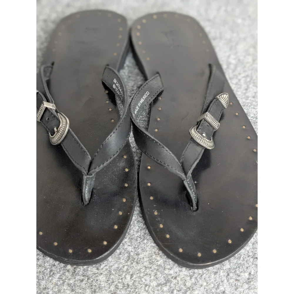 Frye Boots Women's Leather Thong Flip Flop Black Sandals Western Buckle Size 6 M